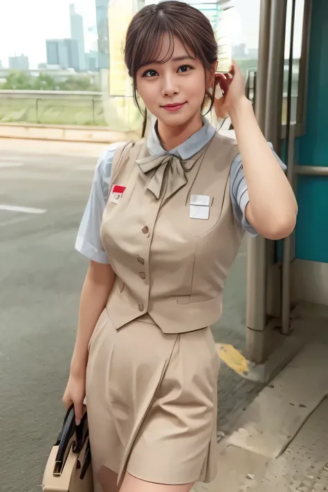 (masterpiece:1.2, Highest quality:1.2), 32kHDR, Hi-Res, (alone、1 girl)、(Rooftop of a building during the day、 professional lighting)、Building rooftop background、(JR WOMAN TRAIN CREW UNIFORM BEIGE REAL STYLE)、((JR Woman Train Crew Uniform Beige Light Blue B...
