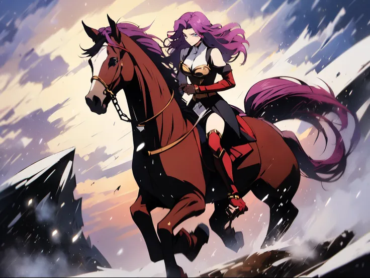 ((best quality)), ((anime masterpiece)), (high detailed), 8k, cinematic lighting, perfect face, female knight riding a HORSE, (cornelia_li_britannia, blue eyes, {purple hair}, large breast, cleavage), (red armor, golden pauldron, red miniskirt, belt, bare ...