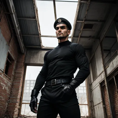 Age 35、handsome guy ,  2 guys,Black Long Sleeve Tee。 short hair short hair 、Gatekeeper of an abandoned factory、Meeting、Combatant's mission、　Black eyepatch　、 as seen from below。　upper body ups 　 Menacing look　　 black slim pants　　combatants　　 black gloves　 c...