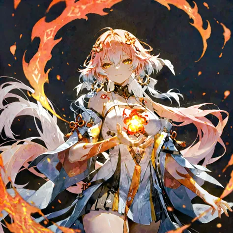 (wuthering wave), changli-wuwa, pink hair, white hair, multicolored hair, hair ornament,yellow eyes,long hair, flawless smooth skin, cowboy shot, flare elements, A well-groomed and beautiful face, light smile, ridiculously masterpiece, warm color, high con...