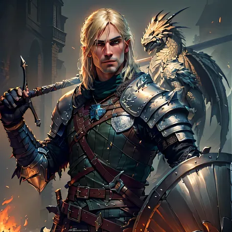 arafed image of a man in armor holding a spear and a dragon, the witcher concept art, art of valin mattheis, geralt of rivia, epic fantasy character art, hyperrealistic d & d fantasy art, elvish blonde male spear warrior, guillem h. pongiluppi, male blonde...