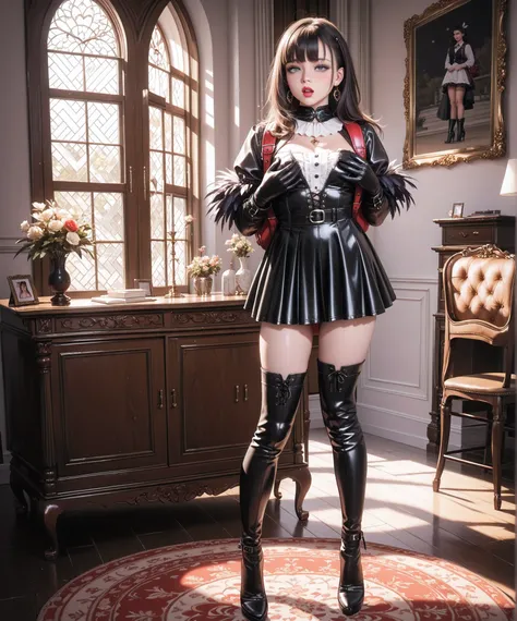 masterpiece, best quality, good quality,photorealistic, Hi-Res, Soft light,1 Female, (detailed faces), black  dress,  Knee High Long Boots ,  dress, Feather-embellished sleeves ,  feather trim , gloves,  high heel boots , Hi-Res, leather, leatherブーツ,  Long...