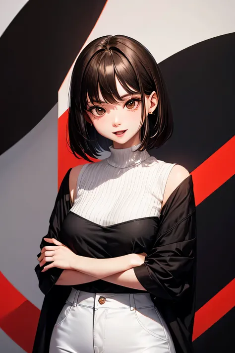 8k, Delicate image quality, best quality, GIRL,smile,(black bob hair) standing before a bold modern art piece, arms crossed as she examines the abstract shapes and colors. She wears a monochrome outfit: a black blouse tucked into white wide-leg pants. One ...