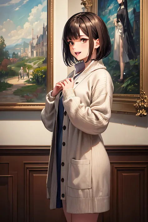 8k, Delicate image quality, best quality, GIRL,smile,(black bob hair),standing,(((brown eyes))),open mouth,in an art museum, wearing a light gray dress and a long cardigan. She stands near an impressionist painting, her head slightly tilted, gently touchin...