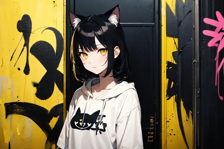 (Highest quality, masterpiece), (1 girl, Alone, black cat ear hood, standing, yellow eyes,   black hair,  on ESDE, upper body), (monochrome, Low light, black yellow room, yellow graffiti on the back, messy spray can),