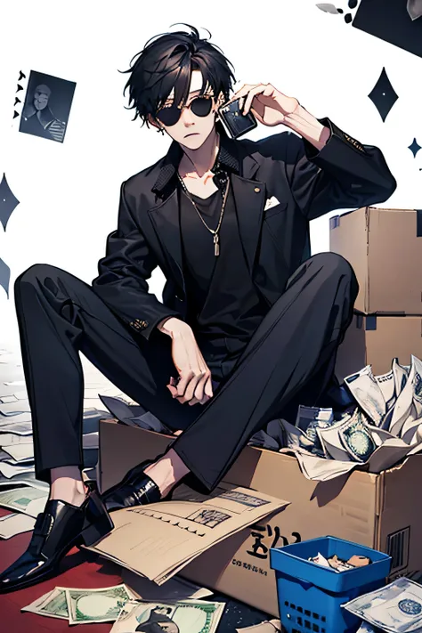 Male , black hair , red eyes , shirt , jacket, handsome, black sunglasses,  sitting in the garbage , money , holding a phone , punk , pile of garbage background,  male , man , white background,  whole body sitting on the garbage , 