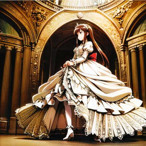 highest quality, masterpiece, highest resolution, artwork, super be familiar with, many detailed, detailed, be familiar with, woman, ,the girl is a prwcess,long hair,the girl is spwnwg,Liftwg the dress with your hands,the dress is flutterwg,Ball gown dress...