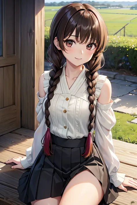 Yuno Shimazu、Shiny brown hair,Long Hair,  、((2 braids:1.5、Hair that falls over the shoulders)),Beautiful brown eyes、Sparkling eyes, Fine grain、smile、Ultra-detailed eyes、Highly detailed face, Highly detailed eyes,Cowboy Shot、

 

masterpiece, Highest qualit...