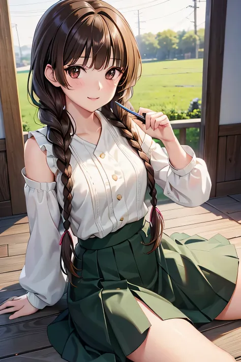 Yuno Shimazu、Shiny brown hair,Long Hair,  、((2 braids:1.5、Hair that falls over the shoulders)),Beautiful brown eyes、Sparkling eyes, Fine grain、smile、Ultra-detailed eyes、Highly detailed face, Highly detailed eyes,Cowboy Shot、

 

masterpiece, Highest qualit...