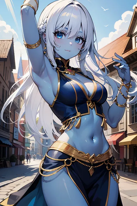 Blue Skinned Girl, Blue Skin, Long Elegant White Hair, Blue Eyes, Dark Blue Belly Dancer Outfit, Soft Smile, Dancing, Daytime, Fantasy Town, Town Square