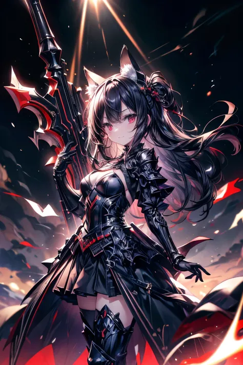(((masterpiece、Highest quality、Hi-Res、16k))) (1 woman)、
Armed Girl、black armor、Black Gauntlet、Shin guards、Cat ears、 serious expression、red eyes、 dark hair、long black hair、Devil's Wings、(Red Blade Sword:1.5)、Moonrise Night: Mysterious red carpeted gothi...