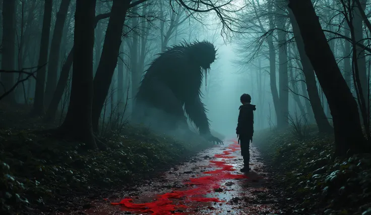 A dark, gloomy forest with a path running through it. There are a lot of bloody lines on the path, as if someone was dragging a . There the bloody footprints end, there is a transparent ghost figure of a boy, and behind him is a black silhouette of a huge ...