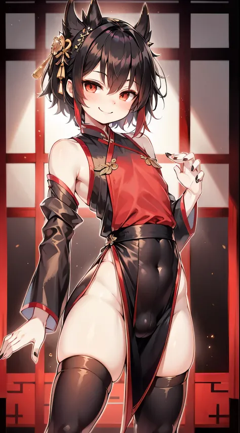 Cute boy，Hip bulge，Hip bulge，Crotch bulge，Shota，antiquity，Cultivation style， Black Hanfu，black high split cheongsam，High split hem， thick thighs ，Thin waist and wide hips， Fleshy Thighs ，black silk over-the-knee socks，Smile，Black Hair，Red same style，Weird ...