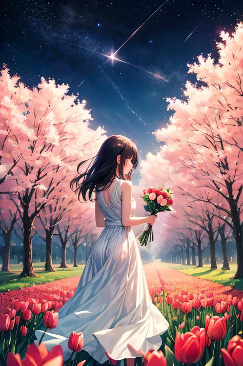 a young girl in islamic hijab walking in tulip field, wearing long dress, from back, holding a bouquet in her hand, lovely starry fantasy background in the sky, Naoko Takeuchi manga style