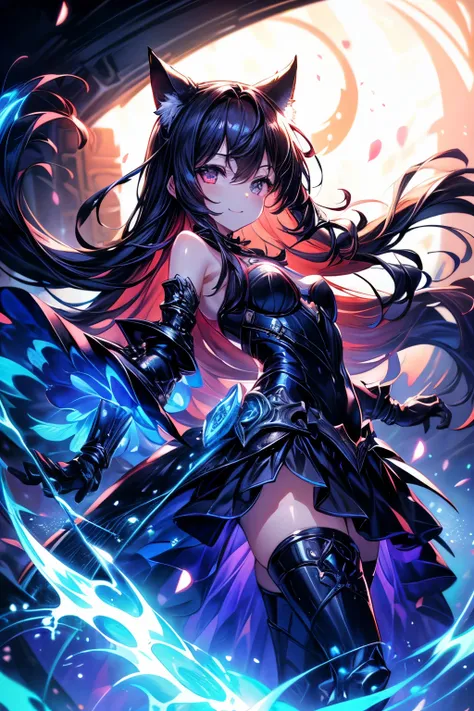 (((masterpiece、Highest quality、Hi-Res、16k))) (1 woman)、
Armed Girl、black armor、Black Gauntlet、Shin guards、Cat ears、 serious expression、red eyes、 dark hair、long black hair、Devil's Wings、(Red Blade Sword:1.5)、Moonrise Night: Mysterious red carpeted gothi...