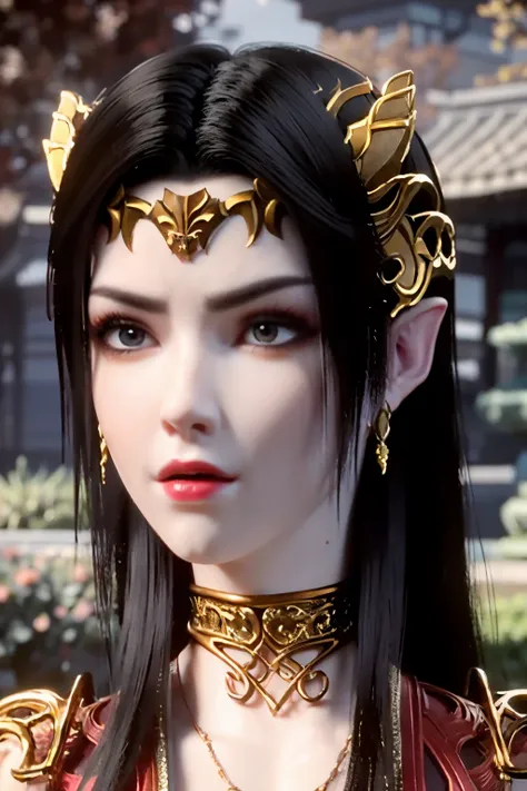 A 20 year old, masterpiece, cinematic look, breast :1.1, HDR : 1.2, ultra lightening, ultra detailed, high quality 8k resolution, background: in garden of red petal trees, highly detailed image, looking at viewers, less to no emotion on her face.