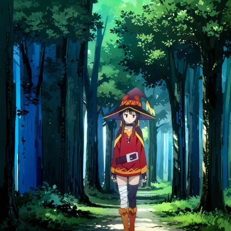 Megumin walking through the forest. The forest looks peaceful.