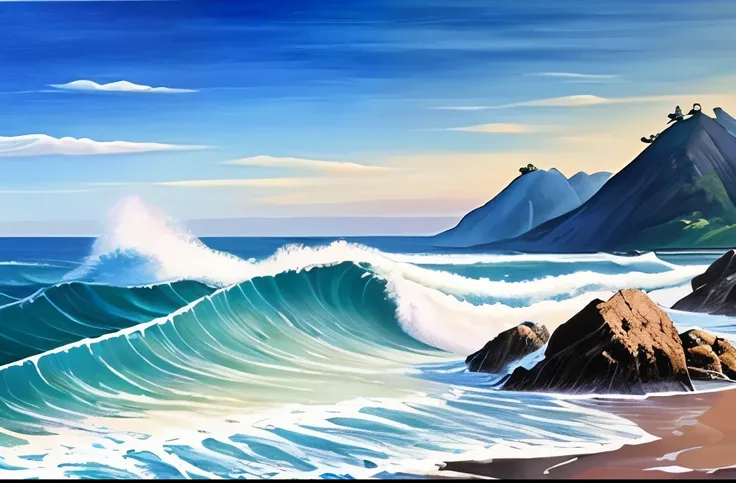 painting of a painting of a wave crashing on a rocky beach, by Wu Zhen, seascape, by Hong Ren, by Ju Lian, by Wu Li, by Shen Shichong, by Wojciech Kossak, by Min Zhen, crashing waves, by Ma Wan, realism art, extremly detailed oil painting, an oil painting....