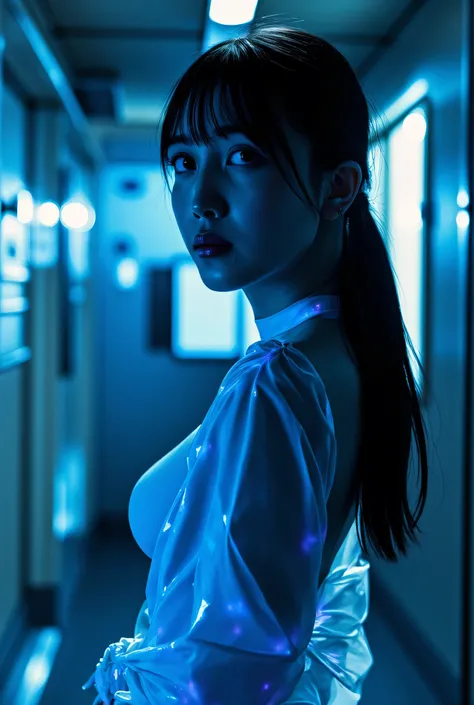 (((The dark interior of the Nostromo ship :2.0))),((( HR Gigger Style Cyberpunk Atmosphere :2.0))),(((A translucent blue coat like a military coat with an open front over a:2.0))),side view from the back,Side pose,((looks back at the camera at the wedding ...
