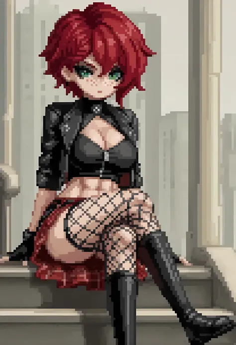 woman, stoic, curly red pixie cut hair, green eyes, black eyeshadow, wearing crop top black shirt, black jacket, red plaid skirt, black knee high zipper boots, black fingerless gloves, cleavage, large breasts, thick thighs, freckles, abs, looking down at v...