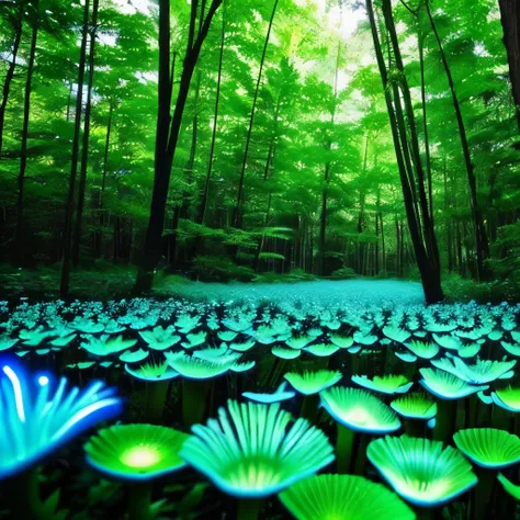 there are many green flowers that are glowing in the dark, bioluminescent plants, luminescent plants, glowing plants, glowing flowers, glowing hue of teal, bioluminescent forest floor, bioluminescent mushrooms, twirling glowing sea plants, luminous flowers...