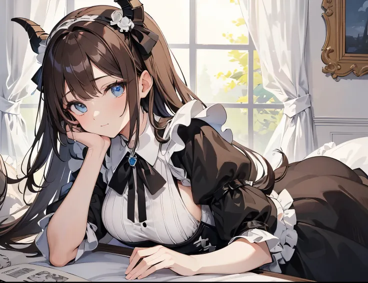 (Masterpiece), ((Highest Quality)),(Official Art),beautiful nature: 1.2). ((Best quality, A high resolution, Masterpiece:1.2)), (Clear facial features), a young woman with vibrant blue eyes, dressed in a gothic-style maid outfit. She has long, flowing brow...