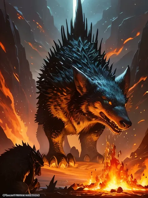 a painting of a large animal with fire coming out of it's mouth, inspired by Bob Eggleton, by Adam Marczyński, gnoll, magic the gathering card art, ancalagon the black, fantasy creature, by Ivan Meštrović, spiky skin, fenrir, hedgehog magus, on an epic oro...