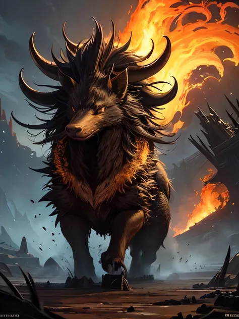 a painting of a large animal with fire coming out of it's mouth, concept art inspired by Bob Eggleton, Artstation contest winner, fantasy art, gnoll, magic the gathering card art, ancalagon the black, fantasy creature, spiky skin, fenrir, hedgehog magus, o...