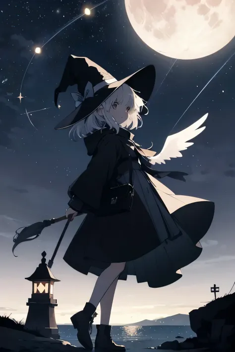  Translucent Illustration 、 Japanese Anime Style Illustration 、 Small Silhouette in the Distance 、 Small Silhouette of a Witch Flying on a Broom in the Distance 、green、 DYNAMIC ANGLE 、 Fantastic、The ultimate precision、 best quality 、 Fantasy、Effective Prod...