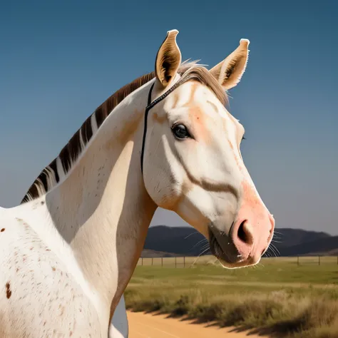 there is a brown and white horse standing on a dirt road, spotted ultra realistic, spotted, speckled, white with chocolate brown spots, hybrid of mouse and horse, mixed animal, half horse, white with black spots, moonlight showing injuries, realistic paint...