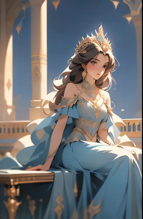 a drawing of a woman in a blue dress sitting on a bench, ancient libu princess, inspired by Osman Hamdi Bey, persian folktale artstyle, in the art style of bowater, ((a beautiful fantasy empress)), persian princess, persian queen, inspired by Altoon Sultan...