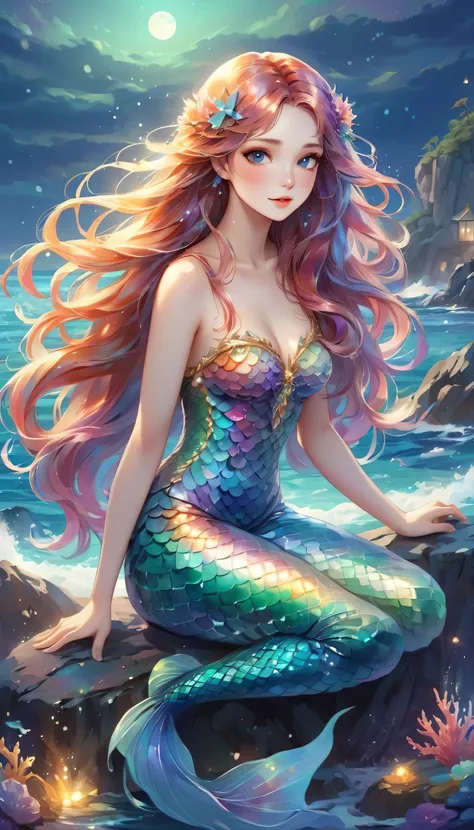 Beautiful mermaid with flow,Rainbow scales and long,Flowing hair. She is sitting on a rock by the sea under the moonlight,surrounded by Gentle waves and sparkling Marine Life.,(style:  fantasy, Practical),(detail: Long hair, Rainbow scales, moonlight, Mari...