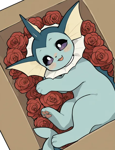 vaporeon， quadruped，short hair,masterpiece, newest,absurdres, incredibly absurdres, bright eyes, detailed eyes, blush, laugh, head tilt， is unique ， white choker，in the box, in a container , indoor, Wooden floor, BOX WITH ROSES, box ，Lying position，Paw pad...