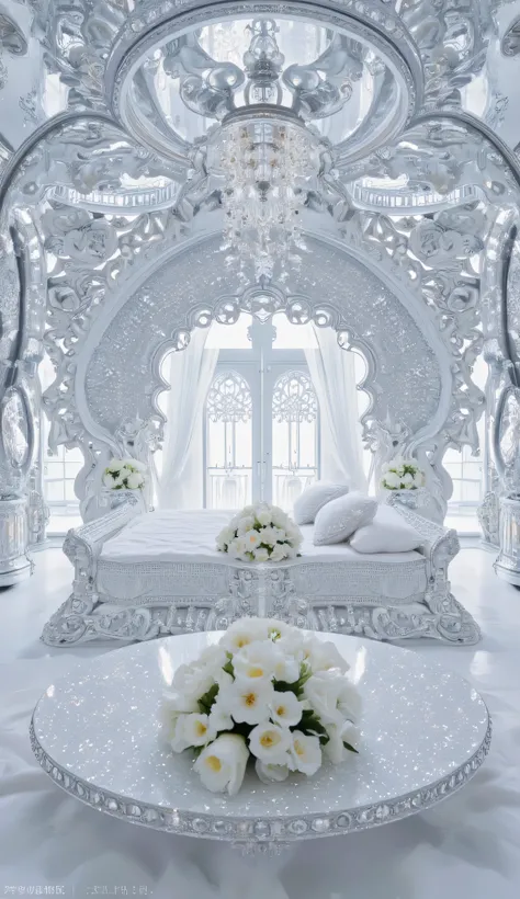 A royal palace is a sleeping place with white flowers on a table . Made of diamonds