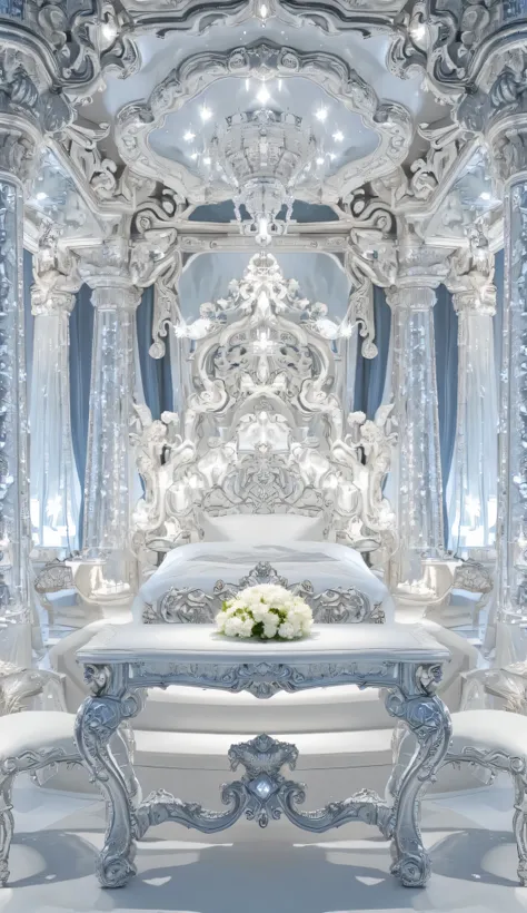 A royal palace is a sleeping place with white flowers on a table . Made of diamonds
