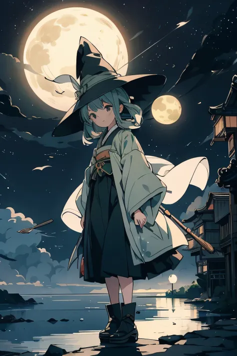 Translucent Illustration 、 Japanese anime style illustration 、 Small Shadows Seen in the Distance 、 Shadow of a Little Witch Straddling a Broom Can Be Seen in the Distance 、green、 Dynamic Angle 、 is amazing、 Highest precisio...