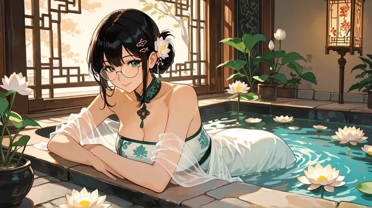 
Masterpiece, Best Quality, Top Quality, Very Detailed, An anime-style illustration of a beautiful woman with dark hair tied in an elegant bun, adorned with delicate hairpins and floral accessories. She wears round glasses and a traditional Chinese-style d...