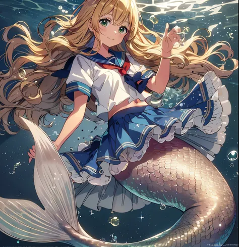 mermaid,seabed,blond hair, wavy hair ,sailor suit,green eye,smile