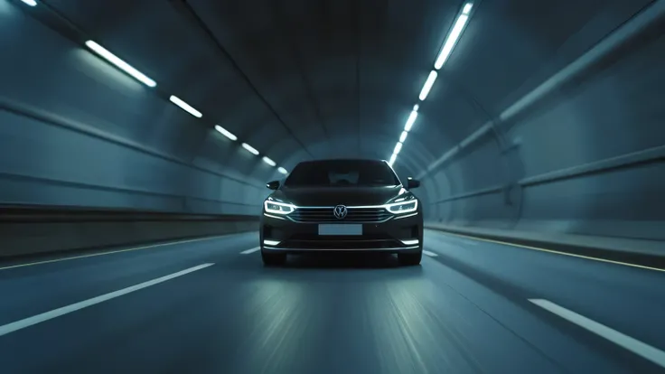 Realistic cinematic ultra HD 8K image of the Volkswagen Virtus in motion inside a luxury car tunnel, its headlights illuminating the smooth road ahead. Motion blur enhances the sense of speed. Captured with the highest resolution camera.  
