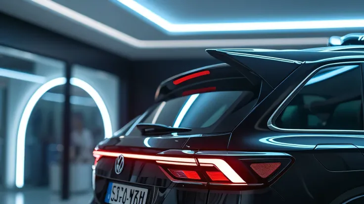 Realistic cinematic ultra HD 8K image of the Volkswagen Virtus’s rear spoiler highlighted under dynamic LED lighting, showcasing its aerodynamic enhancements in a futuristic showroom. Captured with the highest resolution camera.  
