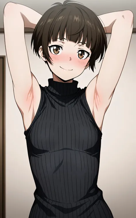 masterpiece, best quality, amazing quality, anime screencap, 1girl, solo, tsunemori, brown hair, brown eyes, black sweater, sleeveless sweater, ribbed sweater, turtleneck, sleeveless, bare shoulders, bare arms, arms behind head, armpits, head towards viewe...