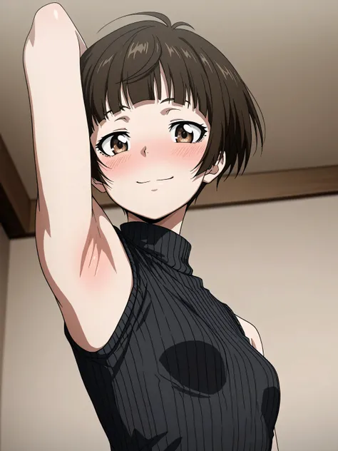 masterpiece, best quality, amazing quality, anime screencap, 1girl, solo, tsunemori, brown hair, brown eyes, black sweater, sleeveless sweater, ribbed sweater, turtleneck, sleeveless, bare shoulders, bare arms, arm behind head, armpit, head towards viewer,...