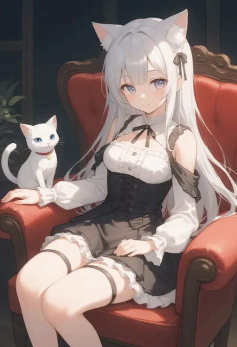 anime girl with long hair and cat ears sitting on a chair, Animated painting inspired by Narashige Koide, Trending, Serial Art, Anime Goddess,  cute anime waifu in beautiful clothes , Anime image of a cute girl, Lolita in a skirt, , anime girl,  Marin Kita...