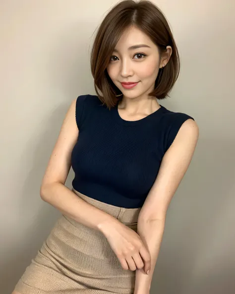 fine face and skin texture, beautiful eyes,  double eyelid，((Japanese mature woman 1 adult))、((55 years old))、 charm，tight skirt， medium length brown hair ，hip-fit skirt，big breasts、 brown, delicate,  short hair  ，kind smile、 seductive expression similar t...