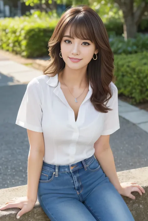 (((Lush garden)))、(( Highest quality, Hi-Res, , pixel perfect, 4K, ))), 1 person,   single, alone, Beautiful woman with full body visible   )、 (( medium wavy hair , bangs, brown hair)), ((brown eyes,     beautiful eyelashes  , realistic eyes)), ((detailed ...