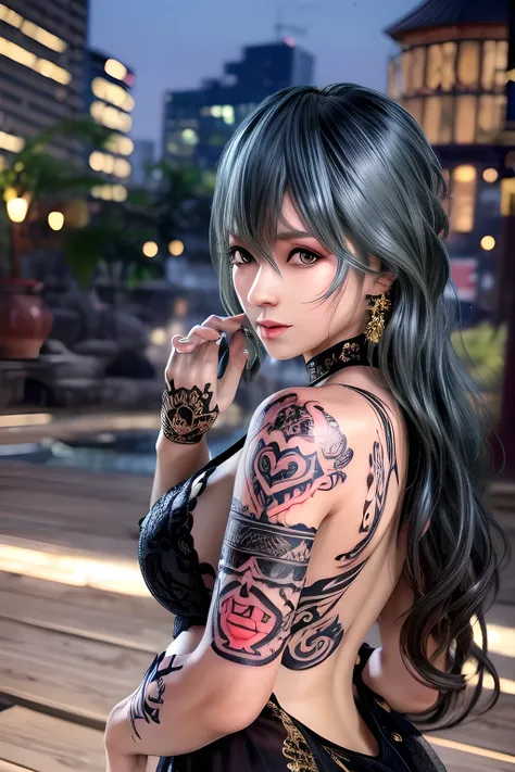 (tattoo_woman:1.4) Standing on a city street in a black backless (See-through:1.3) dress with Hot springs in the middle of the night in the background. Her dress is beautifully designed with red lace on the hem and cuffs, creating a sense of luxury. She we...