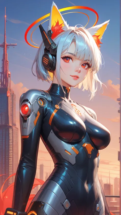 Masterpiece, Best Quality, Top Quality, Very Detailed, A futuristic cyberpunk anime girl with short silver hair and glowing red eyes, wearing a dark, intricate exosuit with metallic accents. She has large, mechanical fox ears adorned with sharp, angular sp...