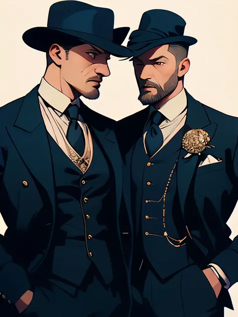 there are two men standing next to each other talking, a sketch inspired by Nikolaj Abraham Abildgaard, tumblr, renaissance, tom hardy as henry dorsett case, wearing a vest and a tie, wearing suit vest, tom hardy, wearing waistcoat, he looks very sophistic...