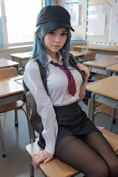 Blue haired girl, blue eyes, sports cap, sitting on a chair, crossing her legs,  school background,  school background(classroom), complete anatomy, school uniform, tie, shirt, skirt, pantyhose, blush, primera persona, Charm, underwear, great body.