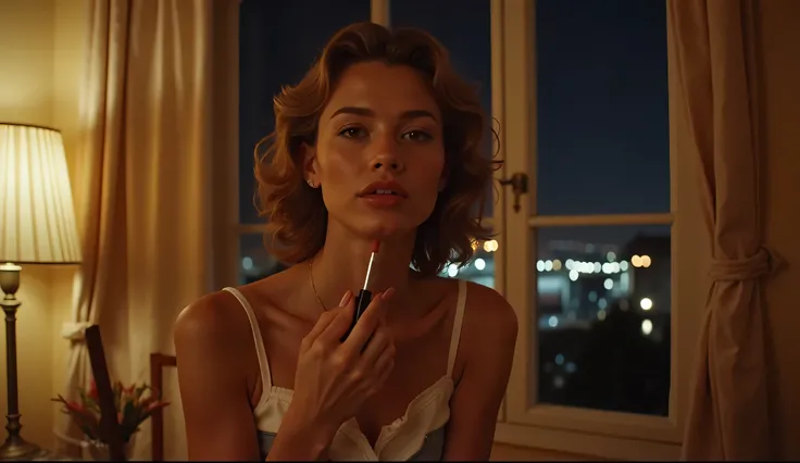 A warm summer evening in the 1980s. A young European-looking woman, dressed in classic 80s fashion, is getting ready for a night out. She carefully applies lipstick, adjusting her look under the soft glow of a lamp. Her retro apartment is filled with styli...